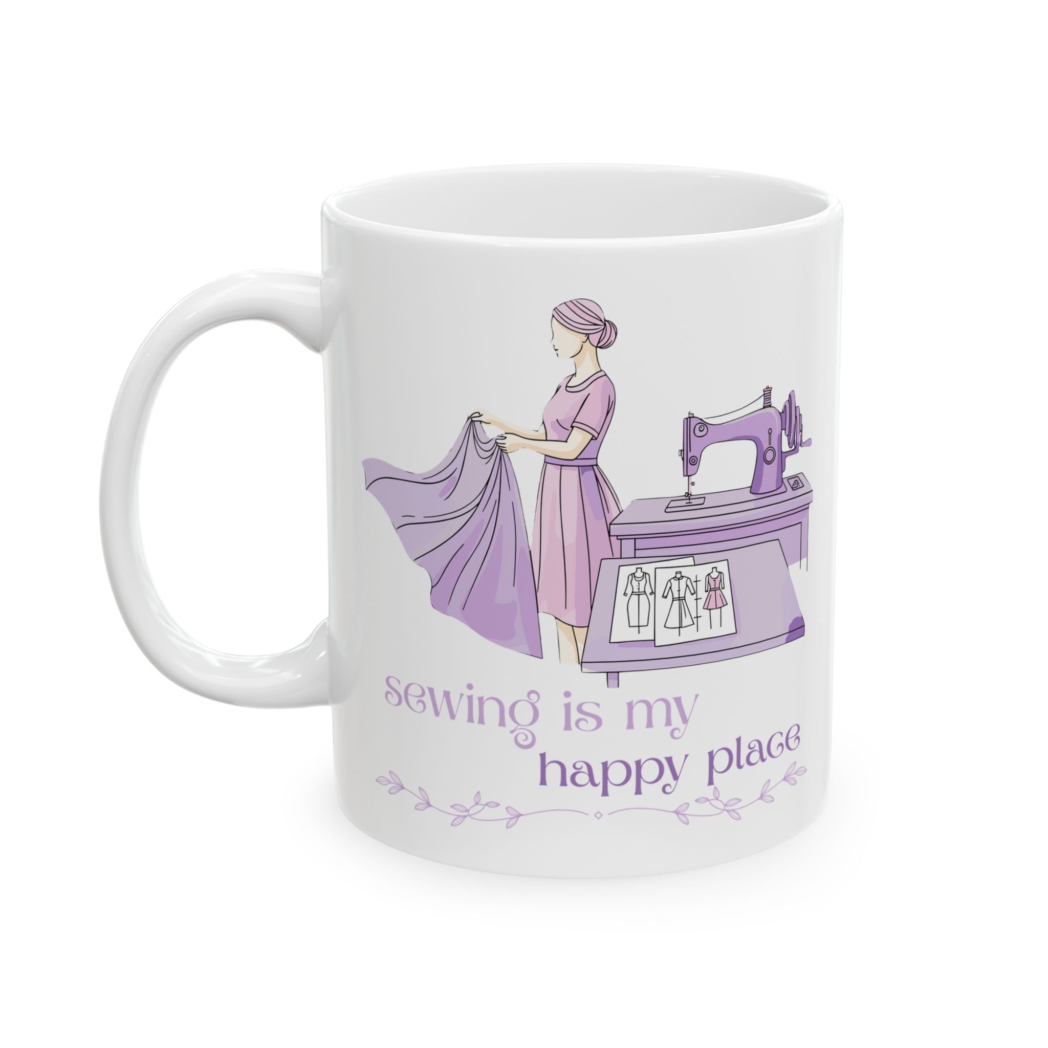 “Sewing is my happy place” Ceramic Mug, (11oz, 15oz) by Puperita