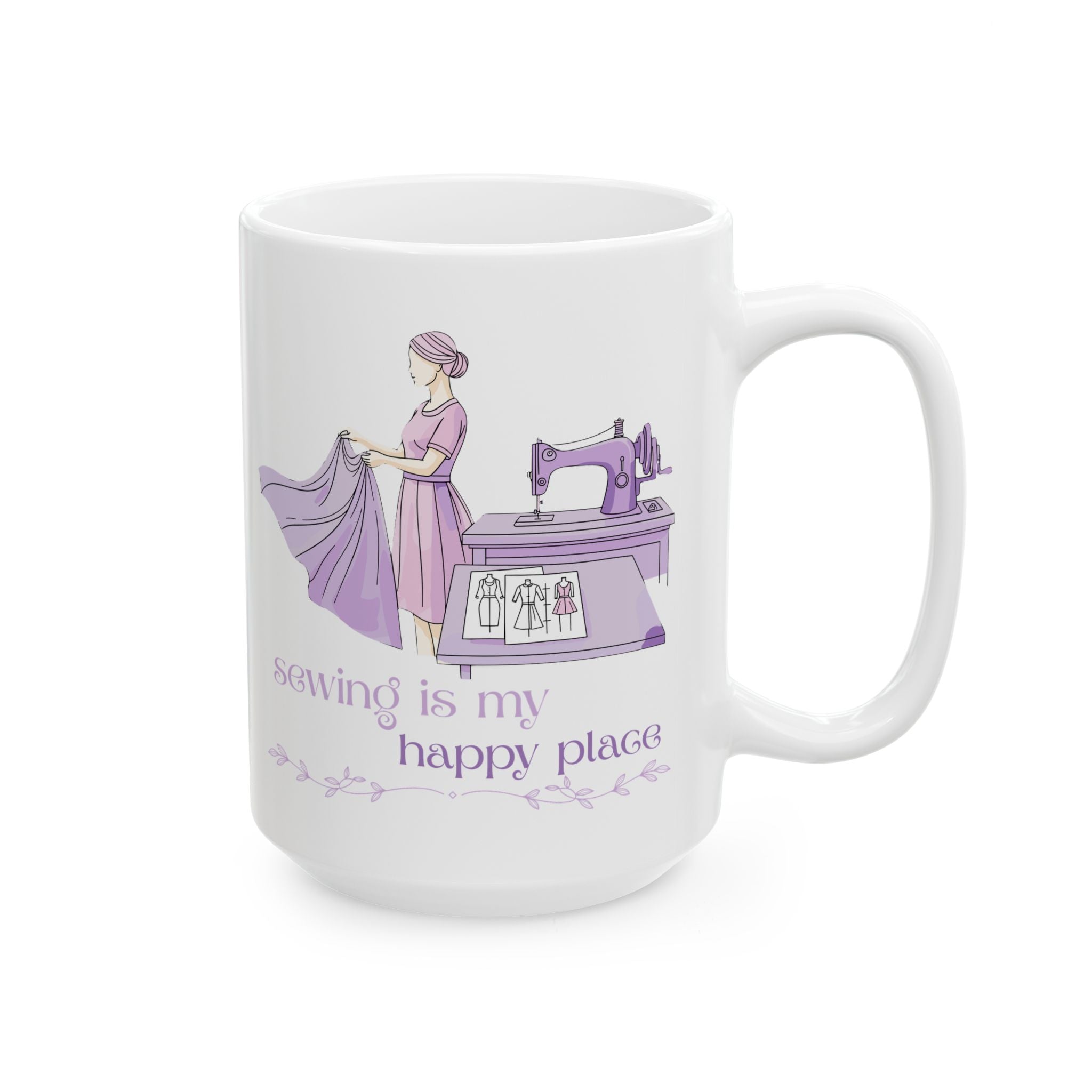 “Sewing is my happy place” Ceramic Mug, (11oz, 15oz) by Puperita